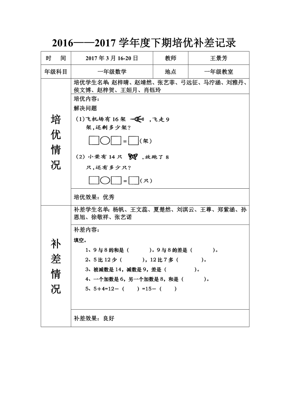 下学期一年级数学培优补差记录_第2页