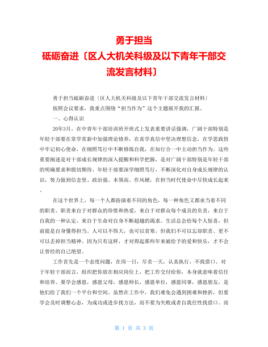 勇于担当砥砺奋进区人大机关科级及以下青年干部交流发言材料