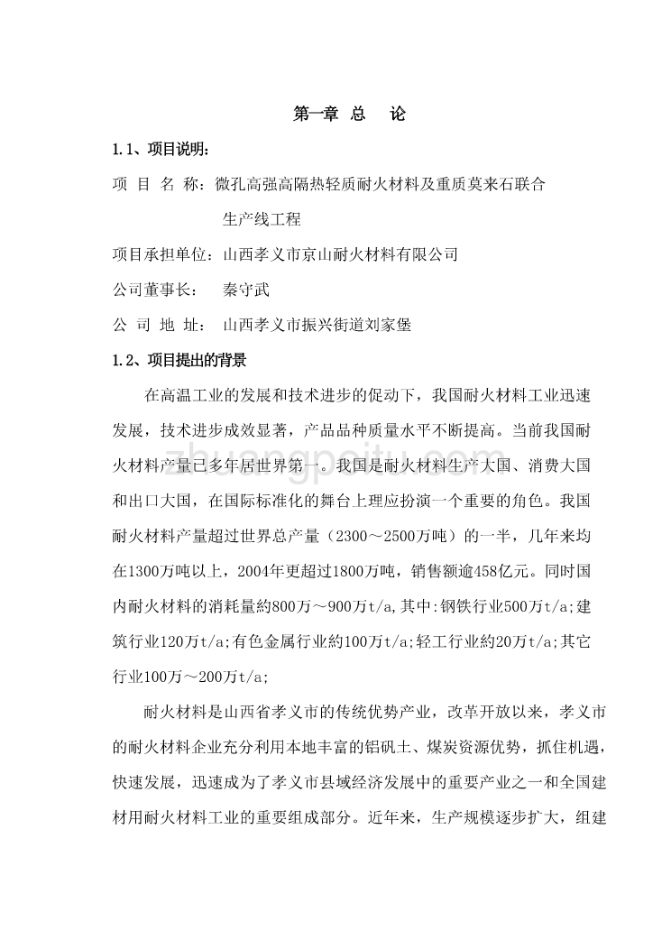 微孔高强高隔热轻质耐火材料及重质莫来石联合生产线工程可行性研究报告_第1页