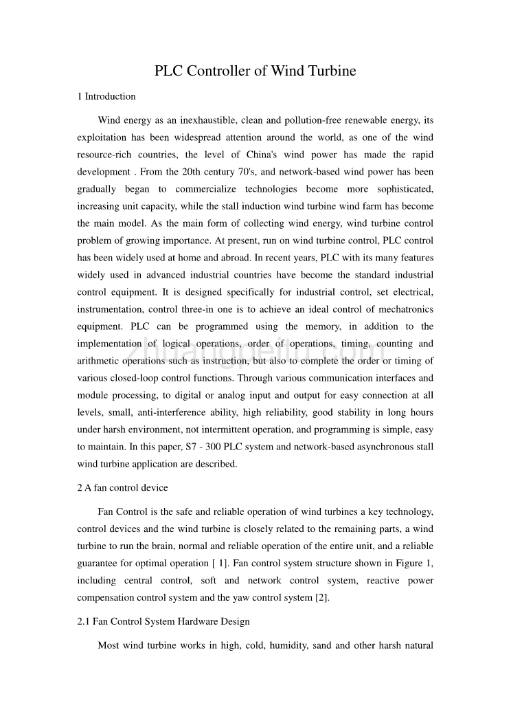 机械专业外文文献翻译-外文翻译--PLC 控制器在风电机组中的应用_第1页
