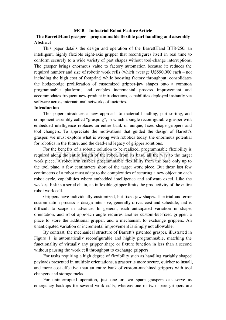 机械专业外文文献翻译-外文翻译--巴雷特机械手爪-可编程式可弯曲部分的搬运和组装_第1页