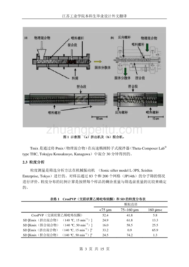 机械专业外文文献翻译-外文翻译--采用双螺杆挤出机或捏合机制备含有交聚维酮的吲哚美辛固体散粉末 中文_第3页