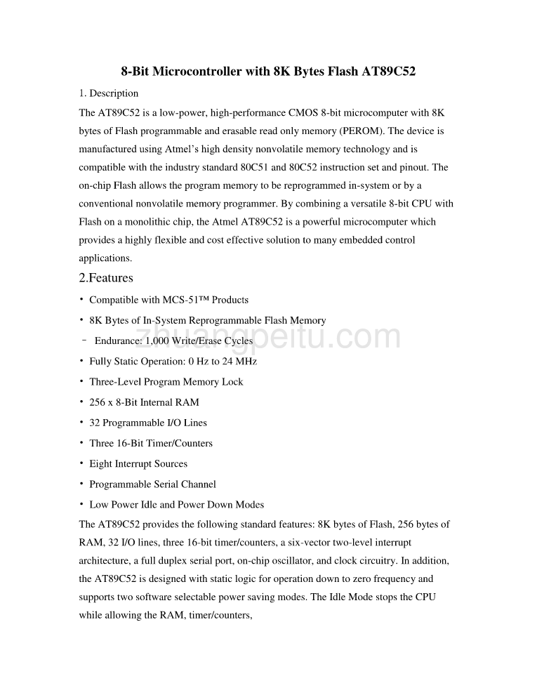 机械专业外文文献翻译-外文翻译-AT89C52---带有8K快闪的八位微控制器_第1页