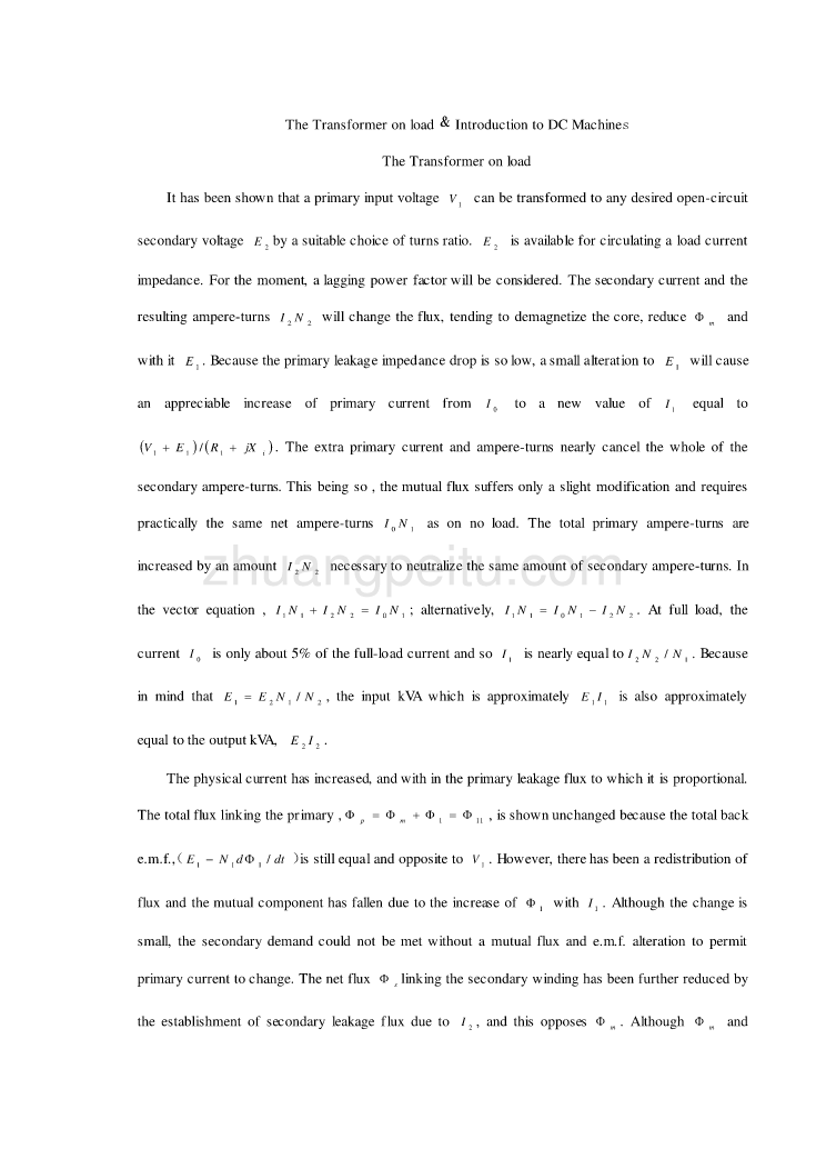 机械专业外文文献翻译-外文翻译---负载运行的变压器及直流电机导论负载运行的变压器_第1页