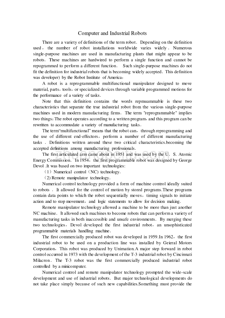 机械专业外文文献翻译-外文翻译--计算机与工业机器人_第1页