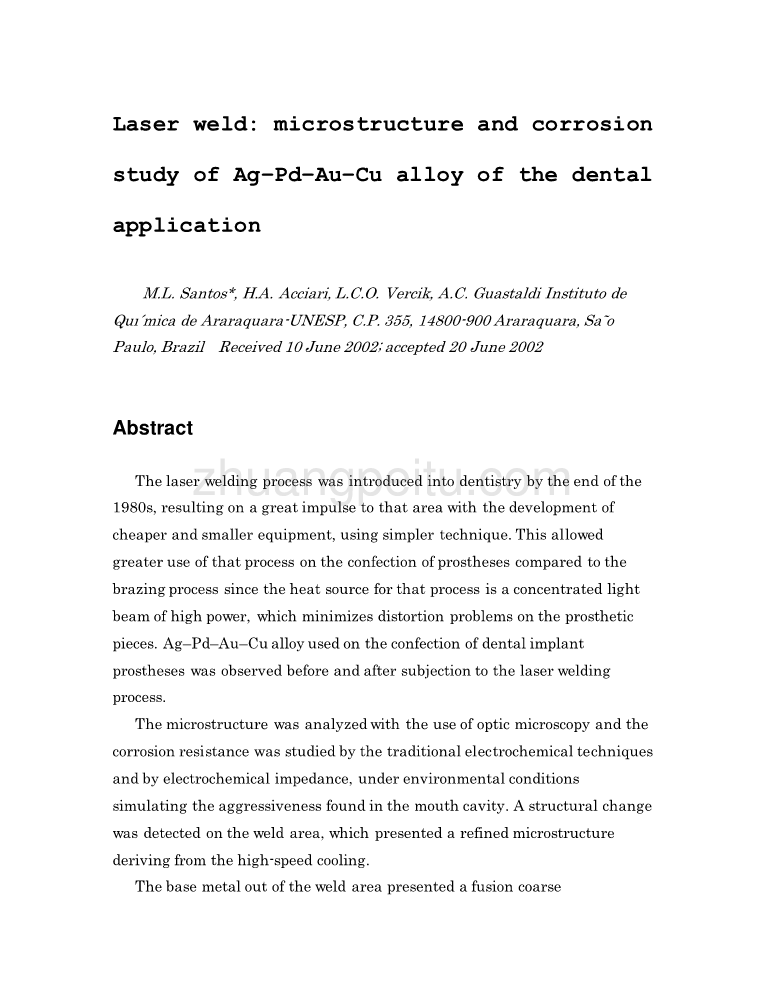 机械专业外文文献翻译-外文翻译--激光焊：Ag-Pd-Au-Cu合金显微结构和腐蚀状态的研究在牙科领域的应用  英文版_第1页