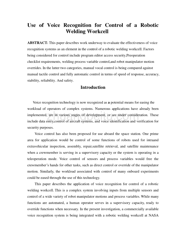 机械专业外文文献翻译-外文翻译--使用语音识别技术控制的焊接机器人工作单元_第1页
