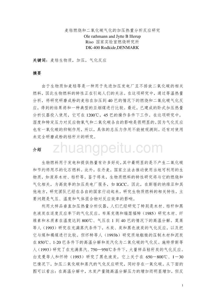 机械专业外文文献翻译-外文翻译--麦秸燃烧和二氧化碳气化的加压热重分析反应研究  中文版_第1页