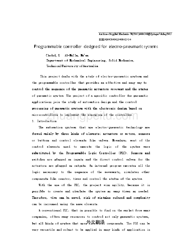 机械专业外文文献翻译-外文翻译--应用与电气系统的可编程控制器_第1页