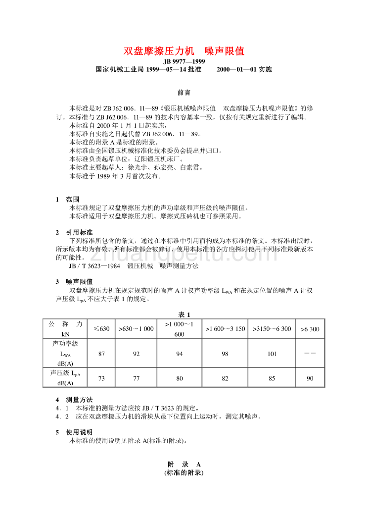 JB 9977—1999 双盘摩擦压力机 噪声限值_第1页