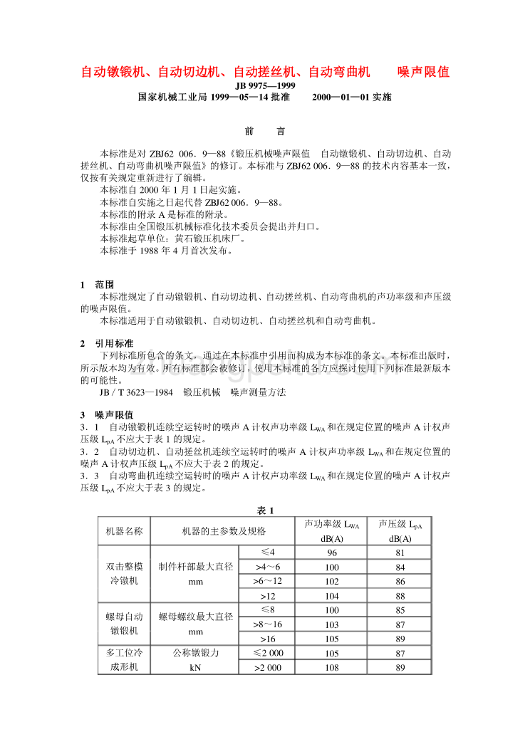 JB 9975—1999 自动镦锻机、自动切边机、自动搓丝机、自动弯曲机    噪声限值_第1页