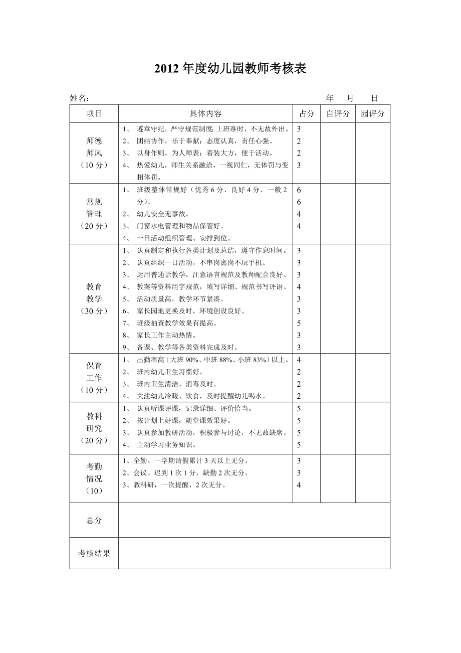 幼儿园教师年度考核自评表.doc_第1页