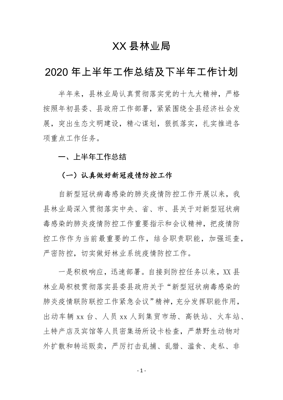 XX县林业局2020年上半年工作总结及下半年工作计划_第1页