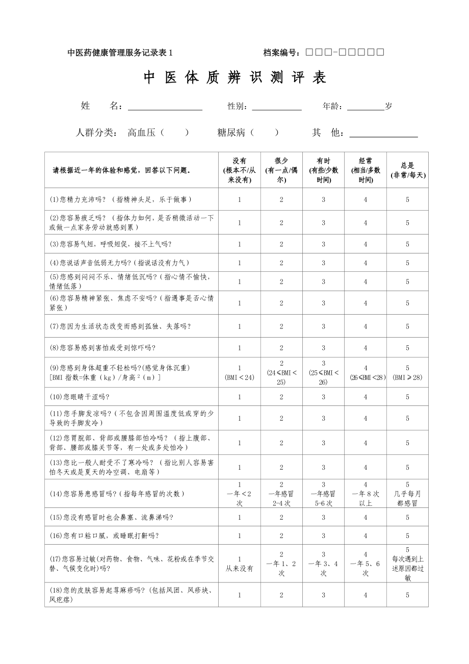 糖尿病患者中醫(yī)藥健康管理服務記錄表_第1頁