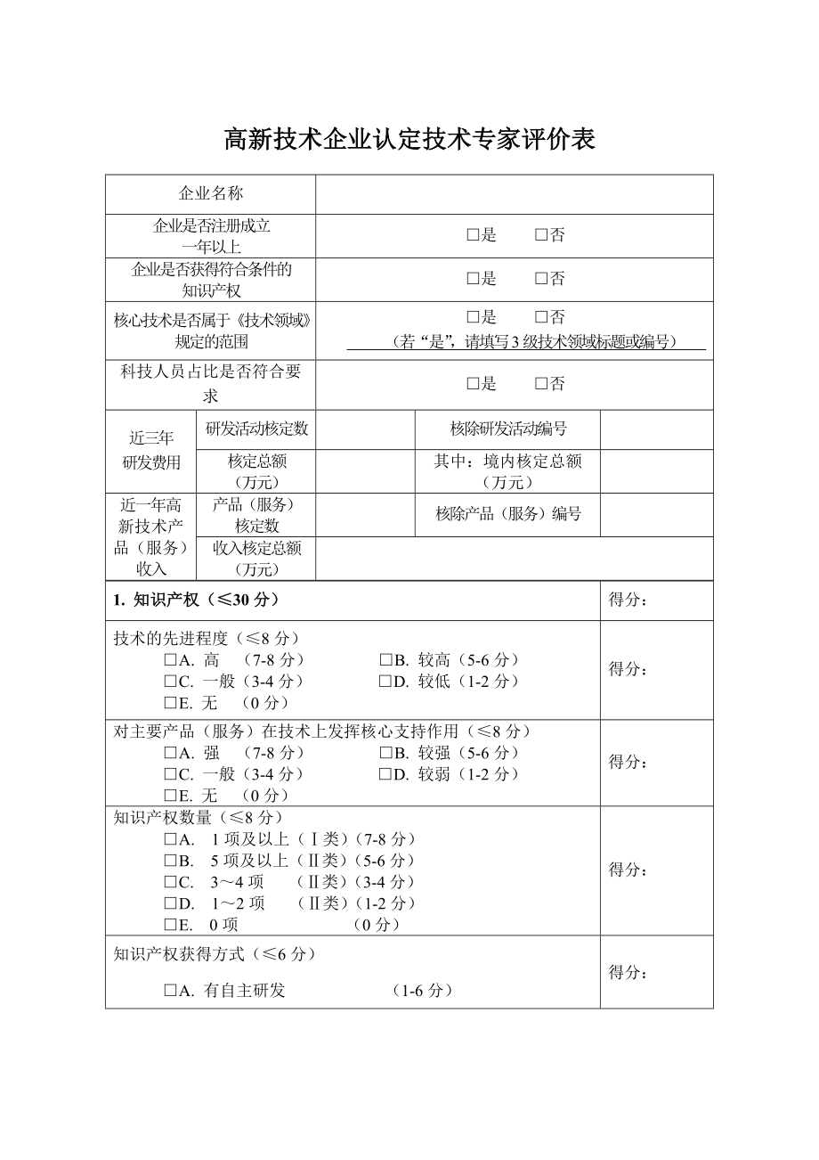 高新技術(shù)企業(yè)認定技術(shù)專家評價表.doc_第1頁