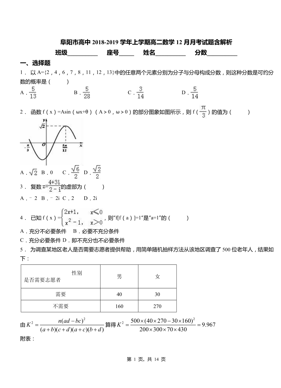 阜陽市高中2018-2019學年上學期高二數(shù)學12月月考試題含解析_第1頁