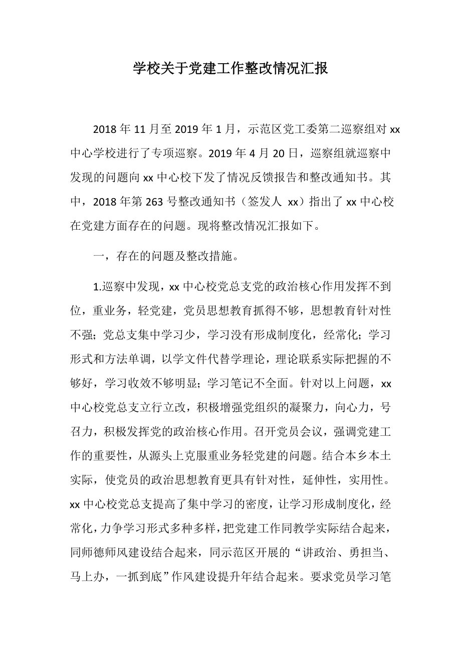 學校關于黨建工作整改情況匯報+關于幼兒園整改情況匯報_第1頁