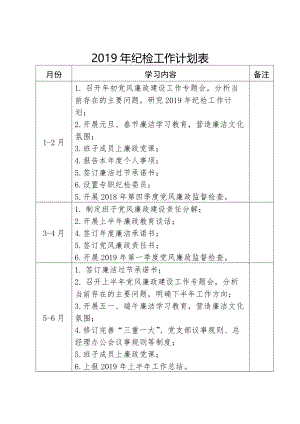 2019年紀(jì)檢工作計(jì)劃表.docx