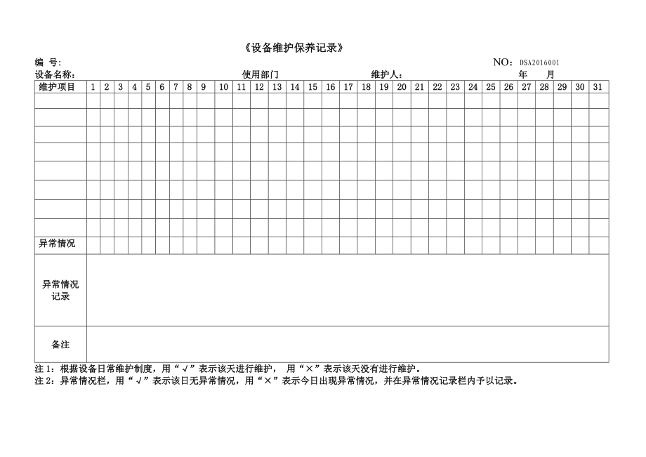 各種設(shè)備維護(hù)保養(yǎng)記錄表格.doc_第1頁