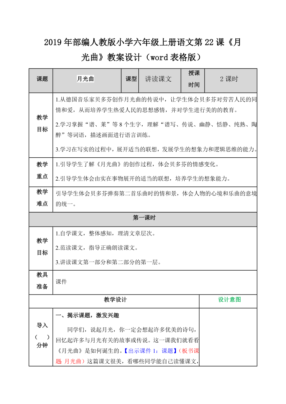 2019年部编人教版小学六年级上册语文第22课《月光曲》教案设计（word表格版）_第1页