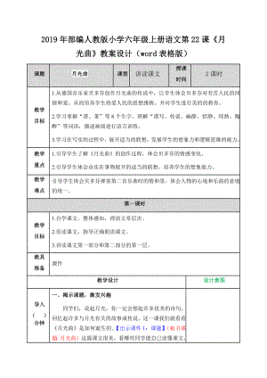 2019年部編人教版小學(xué)六年級(jí)上冊(cè)語文第22課《月光曲》教案設(shè)計(jì)（word表格版）