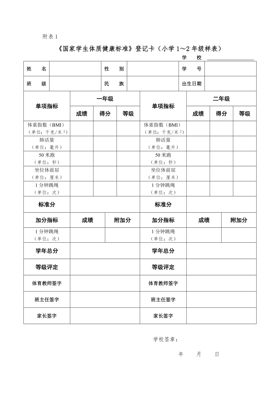 《国家学生体质健康标准》登记卡(小学1～2年级样表).docx_第1页