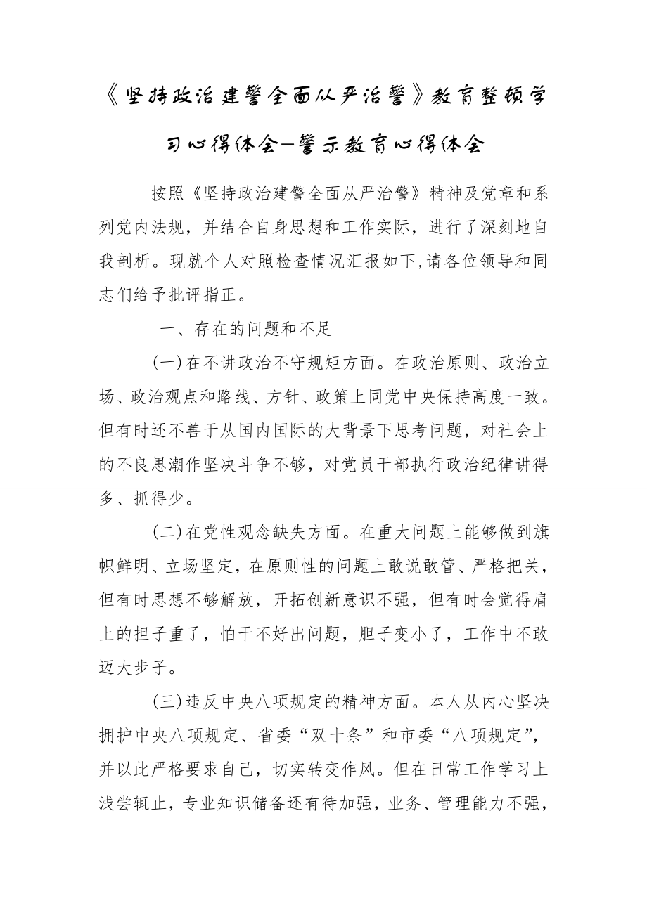 《堅持政治建警全面從嚴(yán)治警》教育整頓學(xué)習(xí)心得體會-警示教育心得體會_第1頁