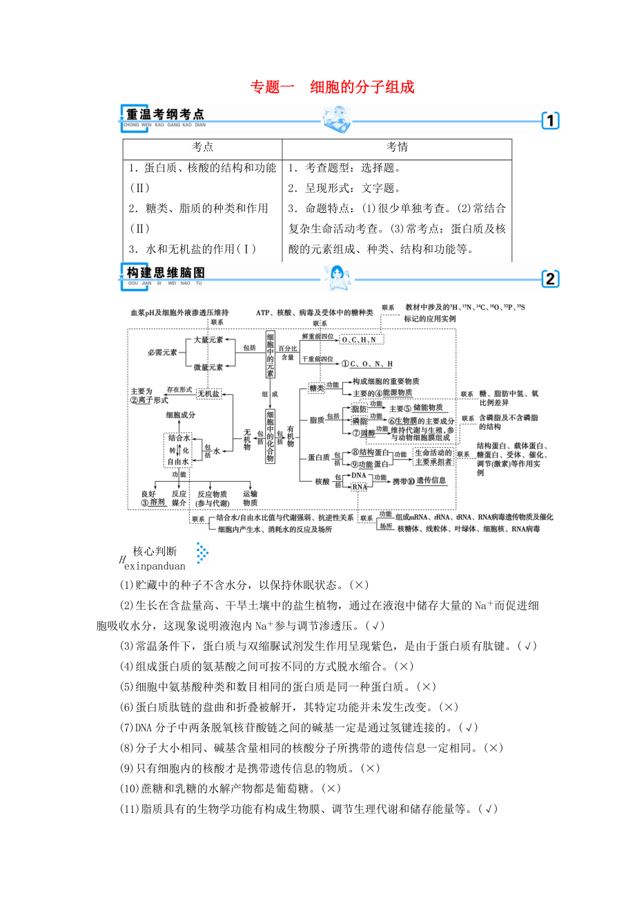 高考生物大二輪復(fù)習(xí)專題一細(xì)胞的分子組成學(xué)案.docx_第1頁