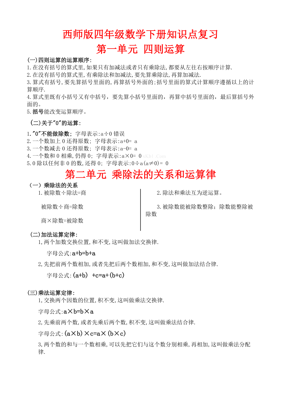 西師版四年級下冊數(shù)學(xué)知識點復(fù)習(xí)資料.doc_第1頁