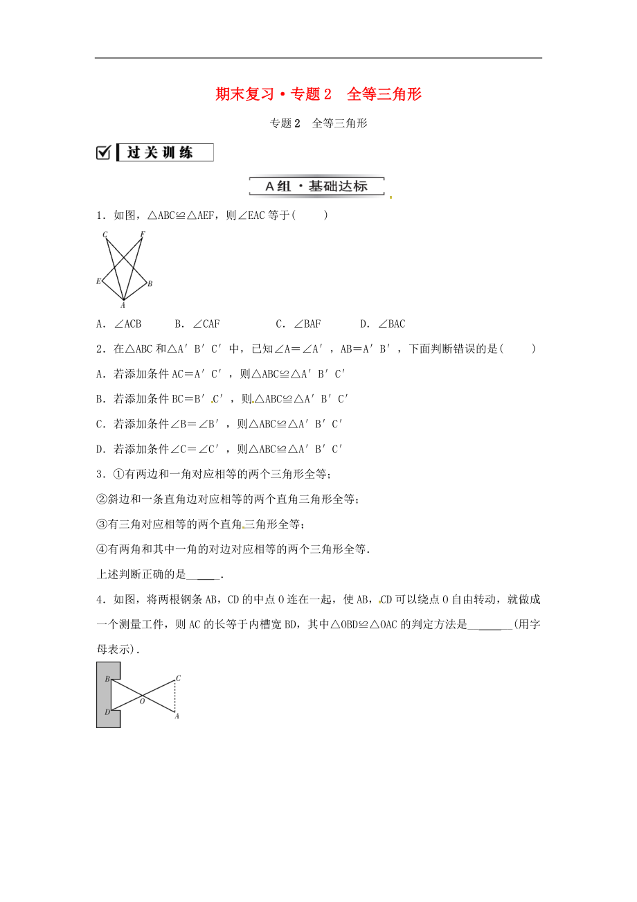 2020年人教版八年級(jí)數(shù)學(xué)上冊 分層練習(xí)作業(yè)本 《期末復(fù)習(xí)專題 全等三角形》（含答案）.doc_第1頁