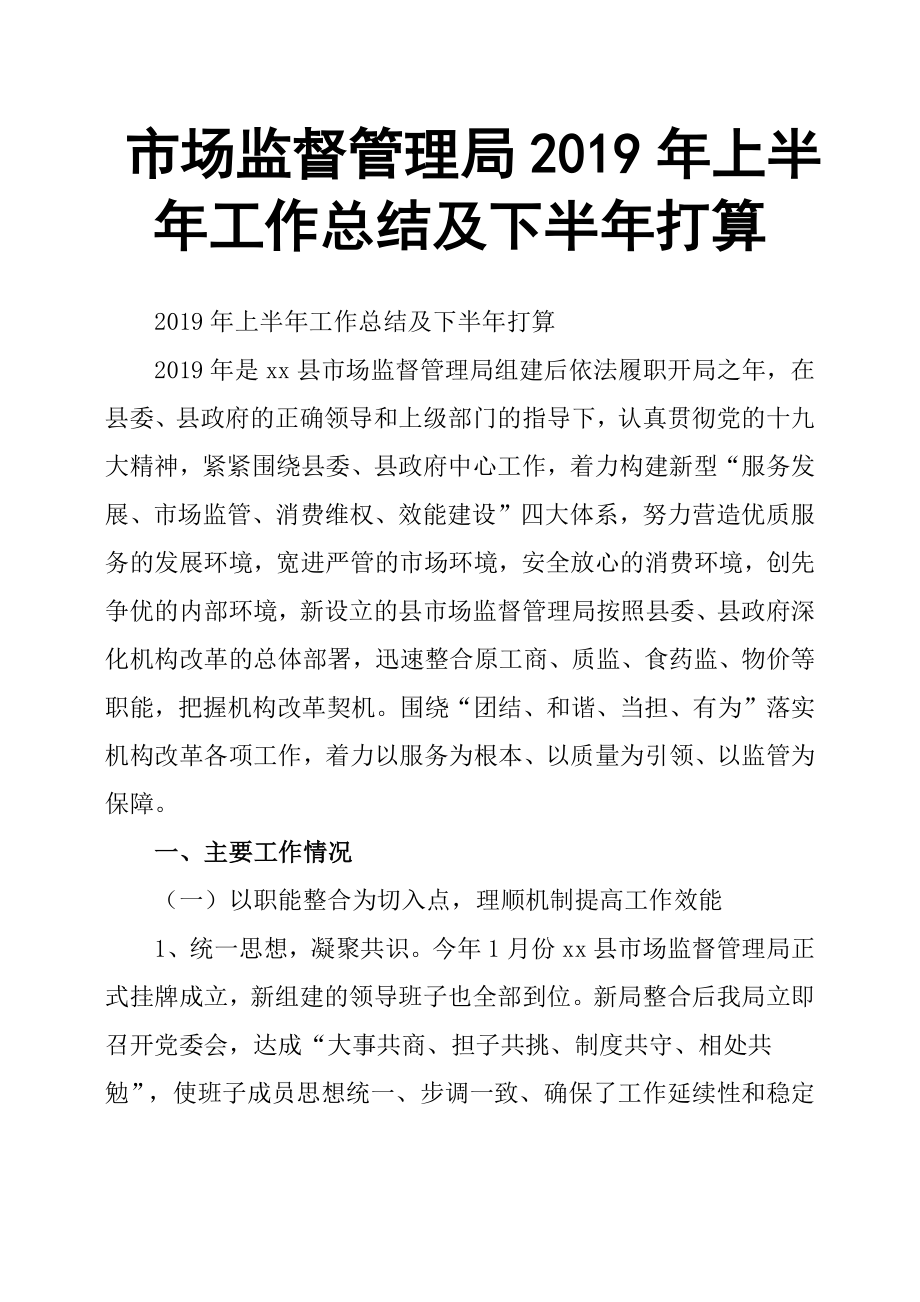 市场监督管理局2019年上半年工作总结及下半年打算.docx_第1页