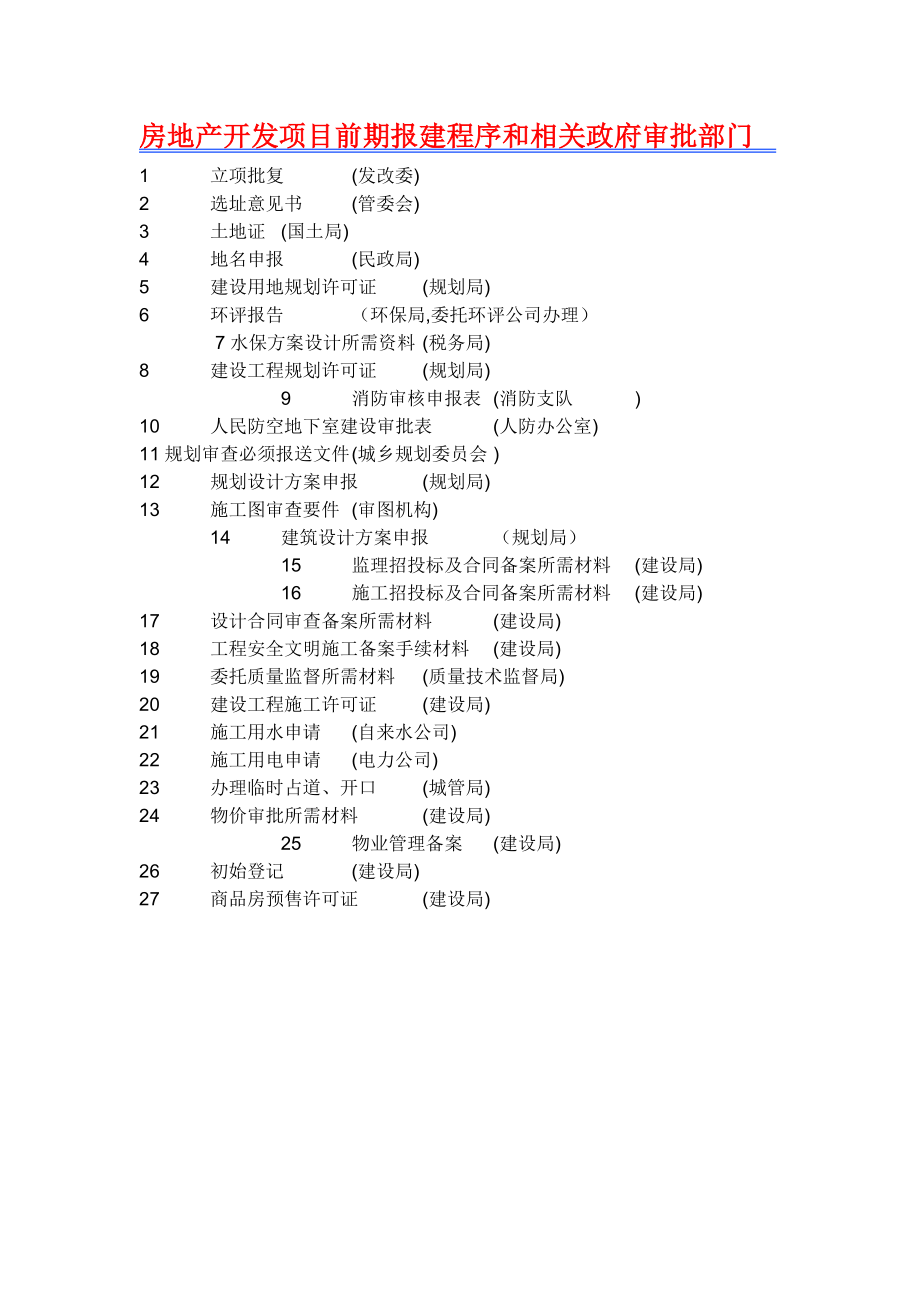 房地产开发整体流程,项目前期报建程序和相关政府审批部门_第1页