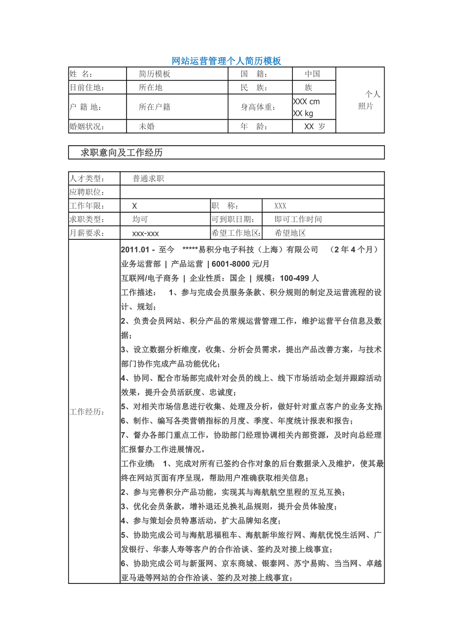 網(wǎng)站運營管理個人簡歷模板_第1頁