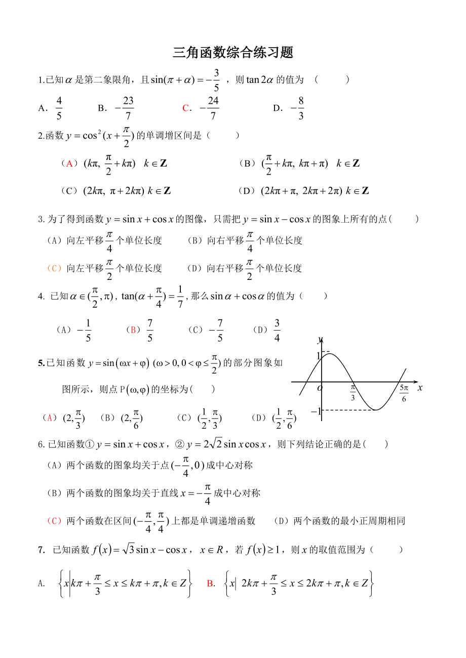 [高三數(shù)學(xué)]三角函數(shù)綜合練習(xí)題.doc_第1頁