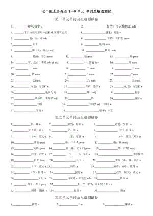 人教版七年級英語上冊單詞及短語測試練習.doc