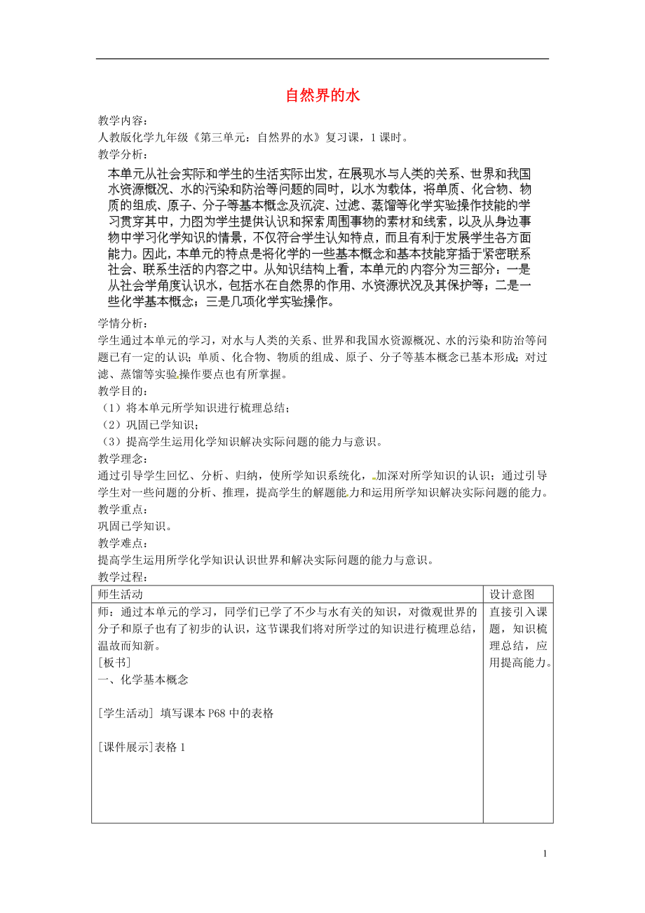 江蘇省南京市長城中學(xué)九年級化學(xué)上冊 第四單元 自然界的水復(fù)習(xí)教案 新人教版(1).doc_第1頁