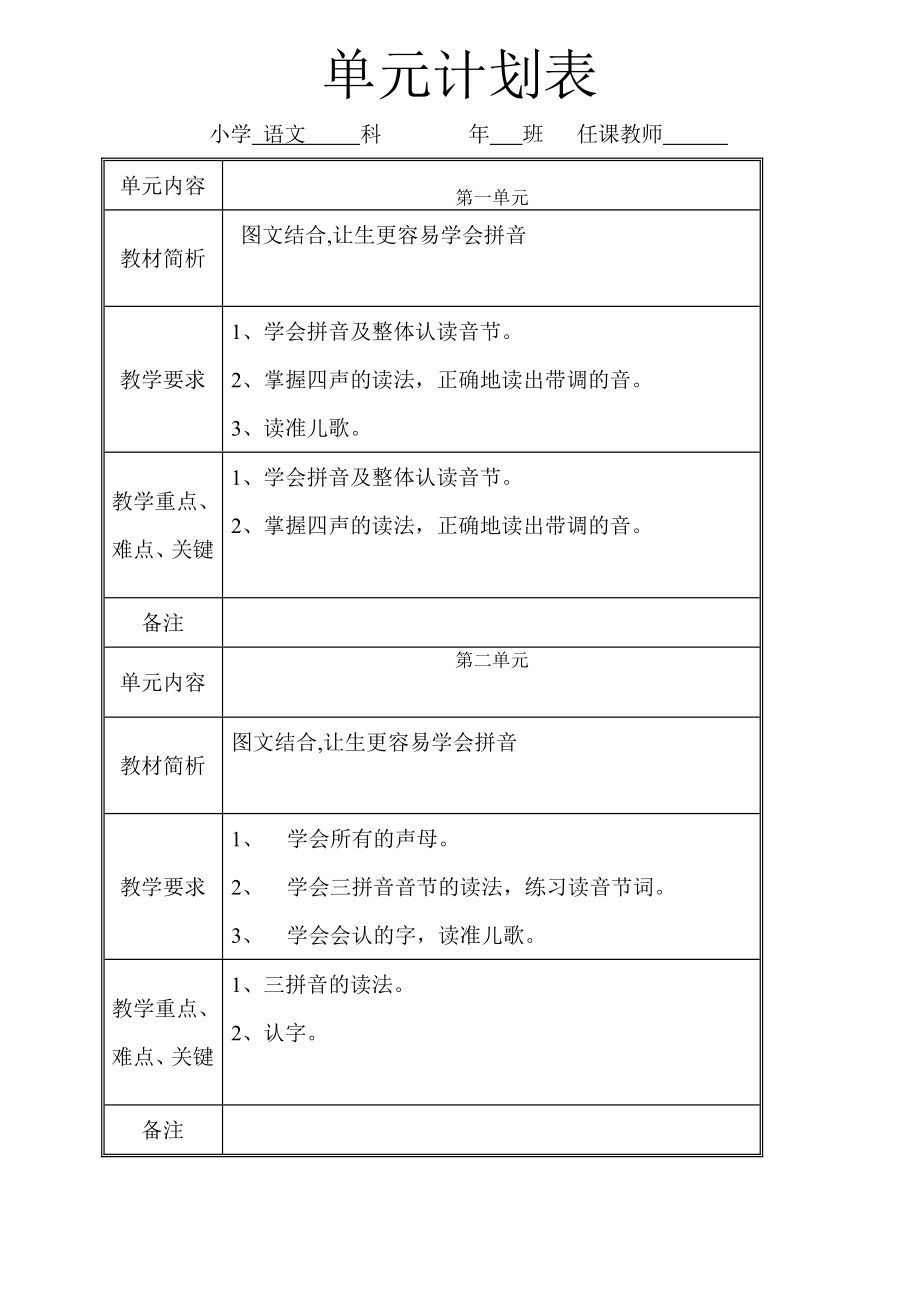 一年級上冊語文單元計劃.doc_第1頁