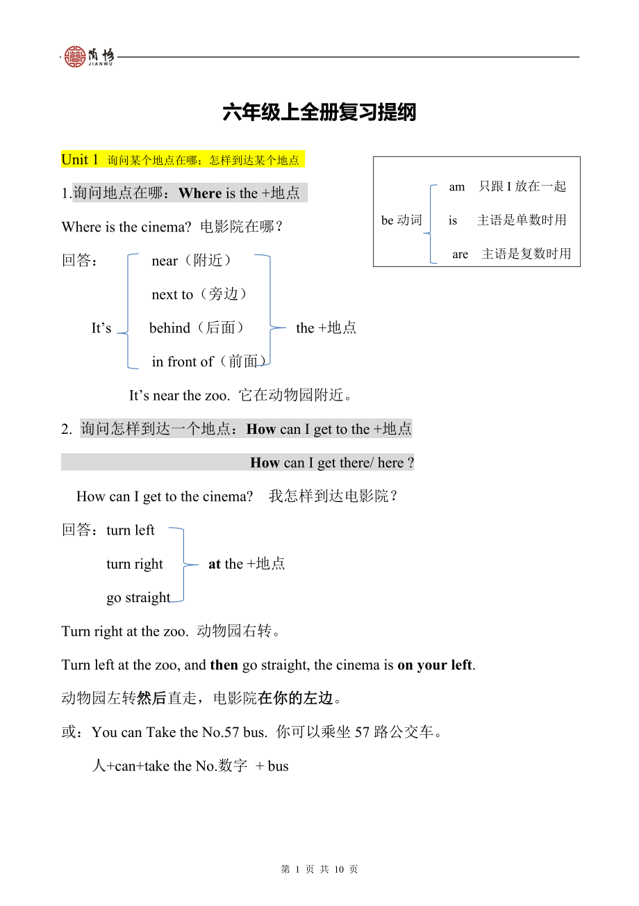 人教版六年級(jí)英語上冊(cè)知識(shí)點(diǎn)匯總總結(jié)提綱.doc_第1頁