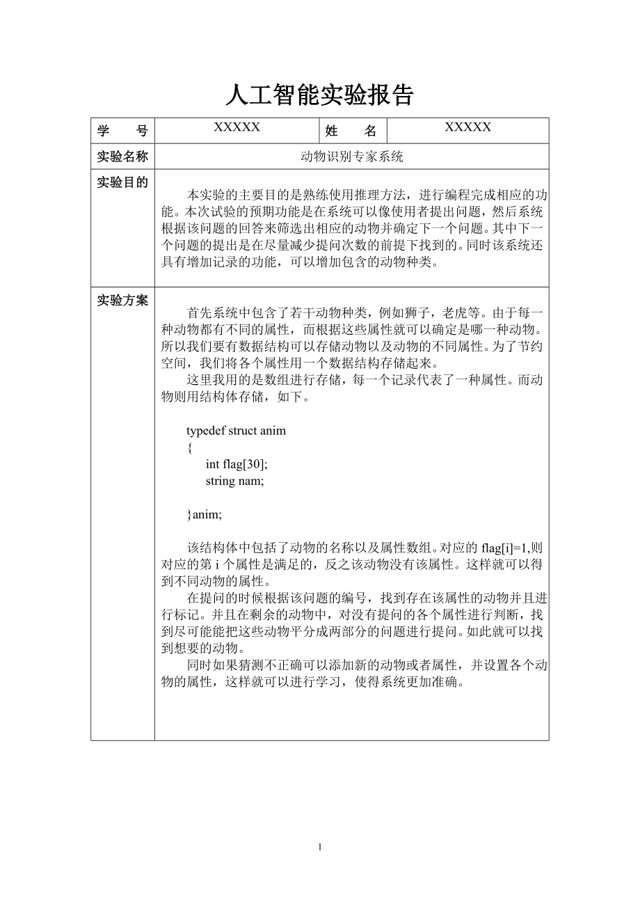 动物识别专家系统实验报告.doc_第1页