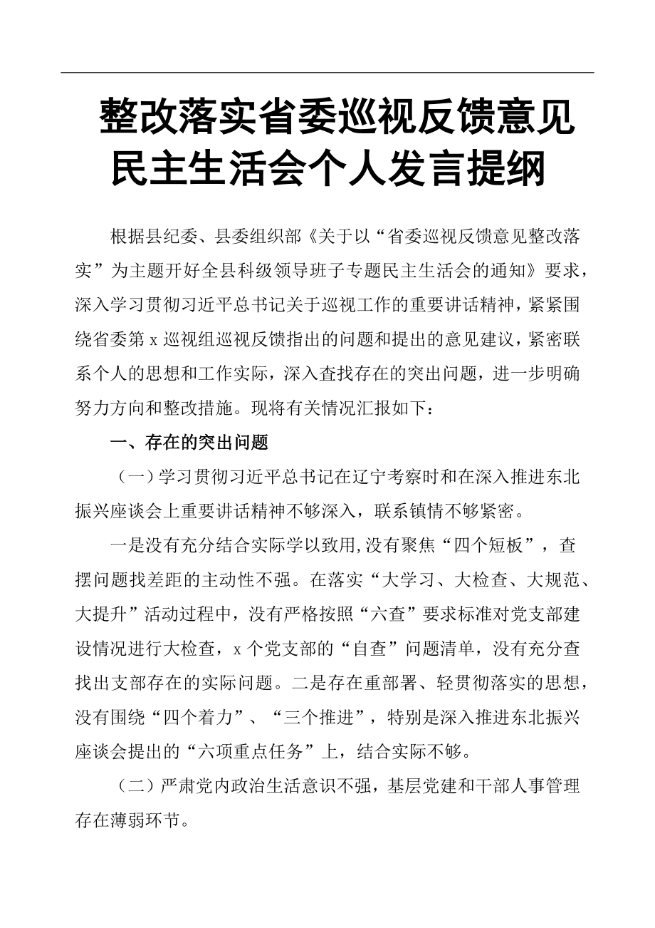 整改落實(shí)省委巡視反饋意見(jiàn)民主生活會(huì)個(gè)人發(fā)言提綱.docx_第1頁(yè)