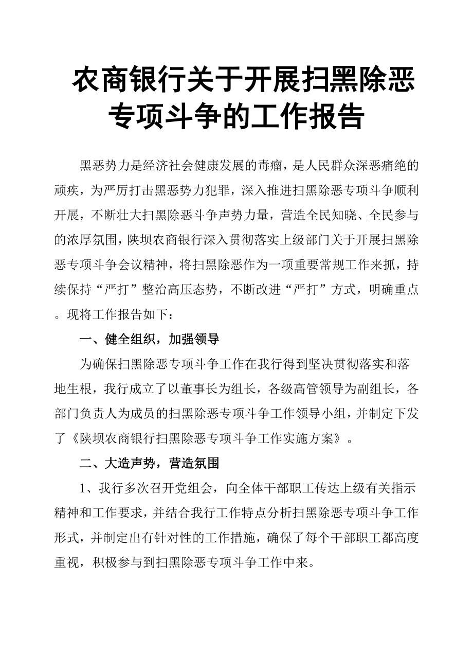 農(nóng)商銀行關(guān)于開展掃黑除惡專項(xiàng)斗爭的工作報(bào)告.docx_第1頁