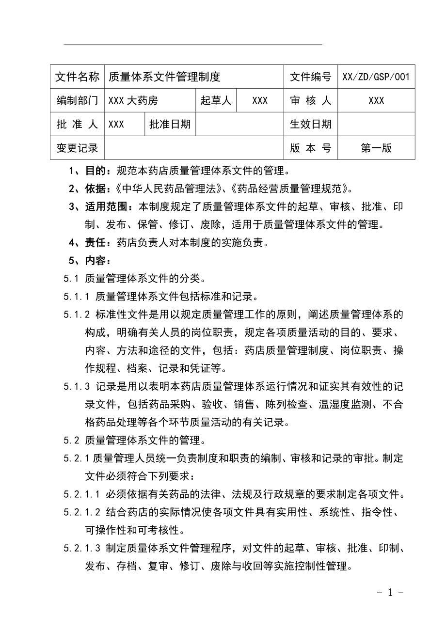 XXX大藥房質(zhì)量管理體系文件_第1頁