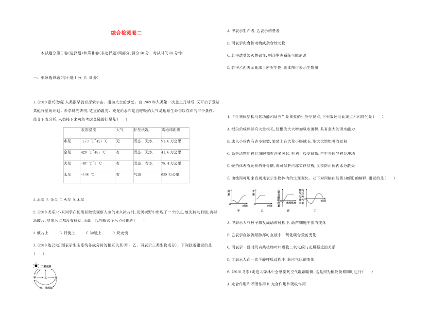 （泰安地区）2019年中考生物综合复习检测卷二.docx_第1页