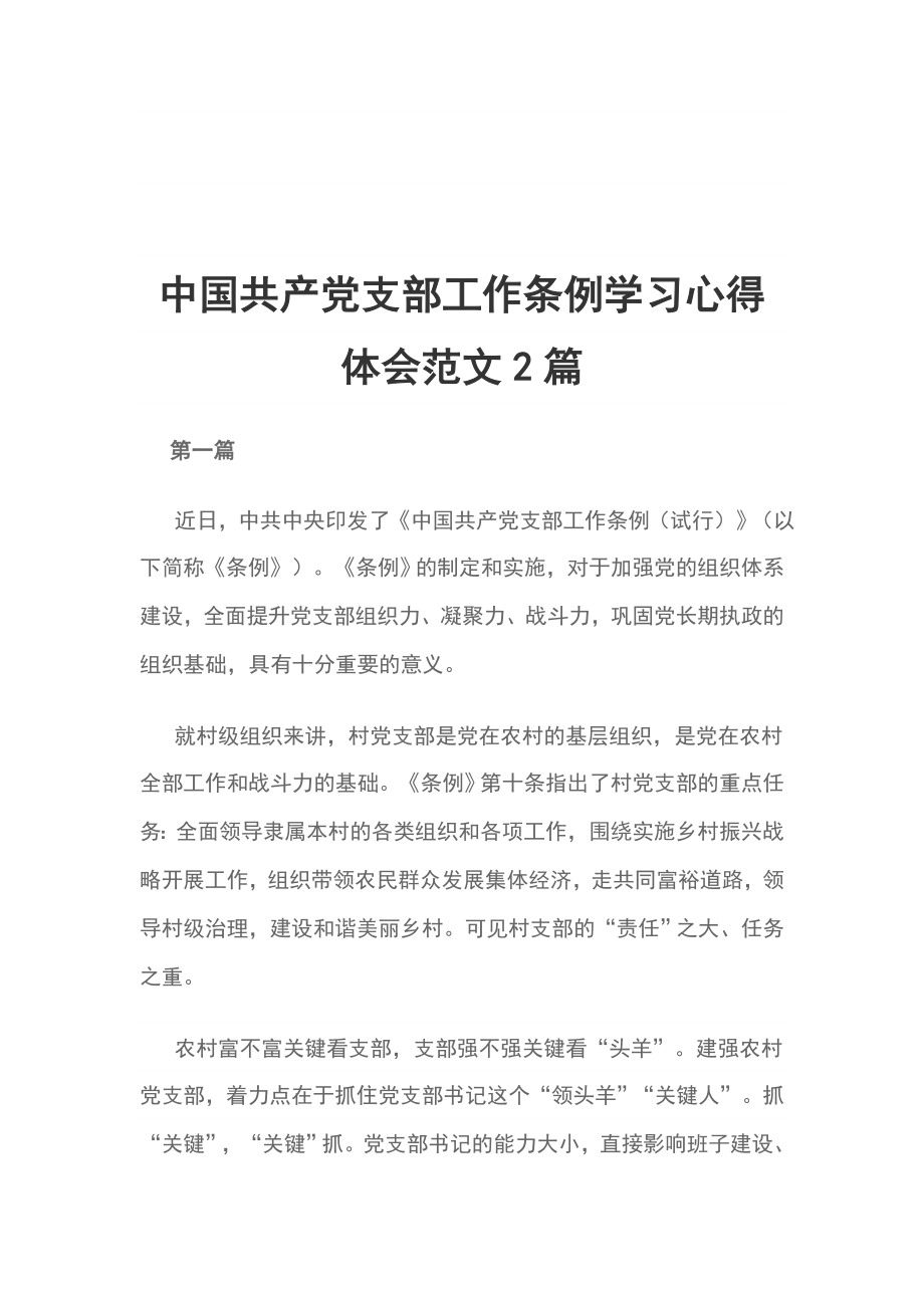 中国共产党支部工作条例学习心得体会范文2篇_第1页