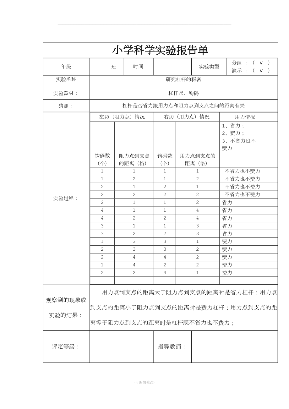 新教科版六年级上册小学科学实验报告单.doc_第1页