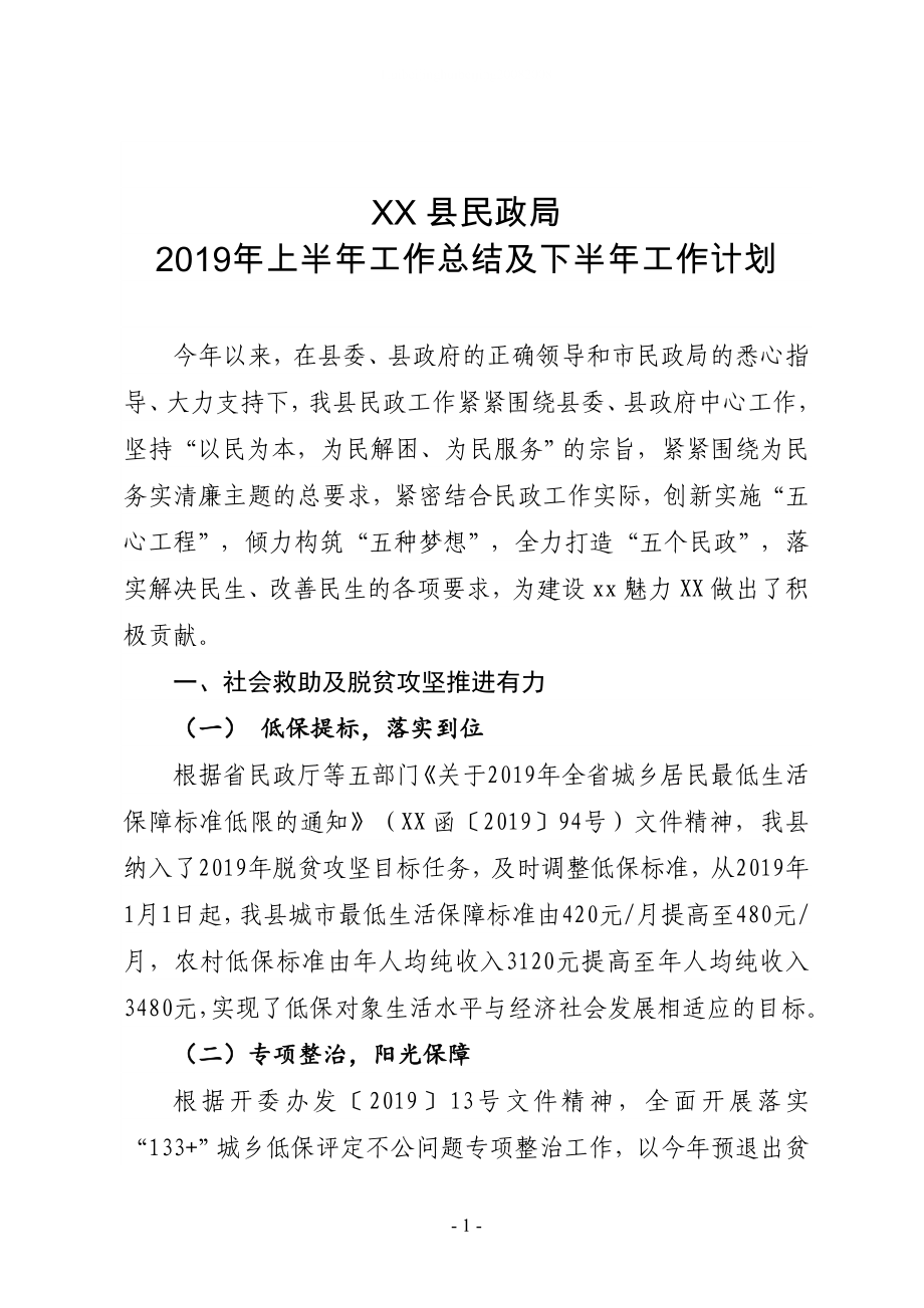 XX縣民政局2019年上半年工作總結及下半年工作計劃_第1頁