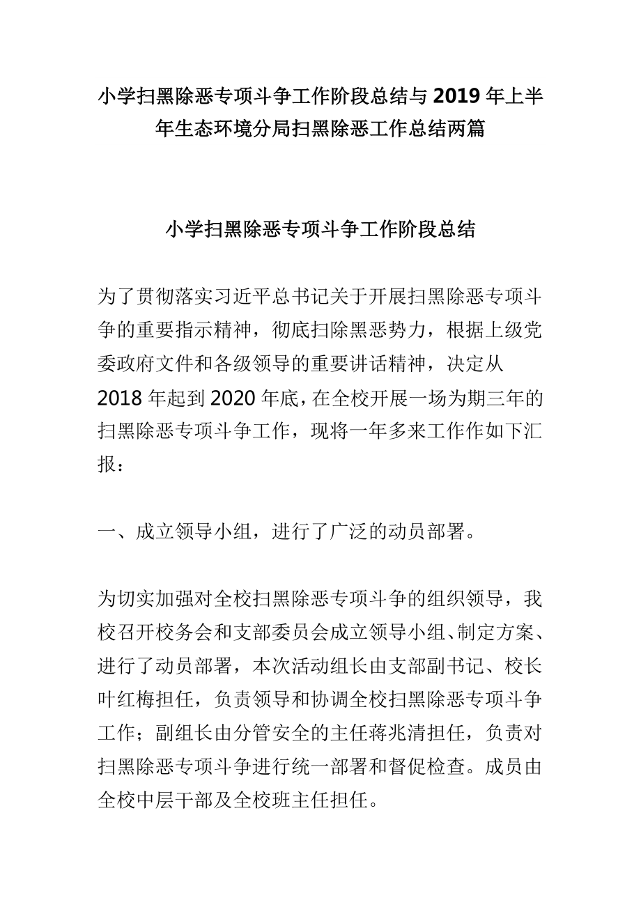 小学扫黑除恶专项斗争工作阶段总结与2019年上半年生态环境分局扫黑除恶工作总结两篇_第1页