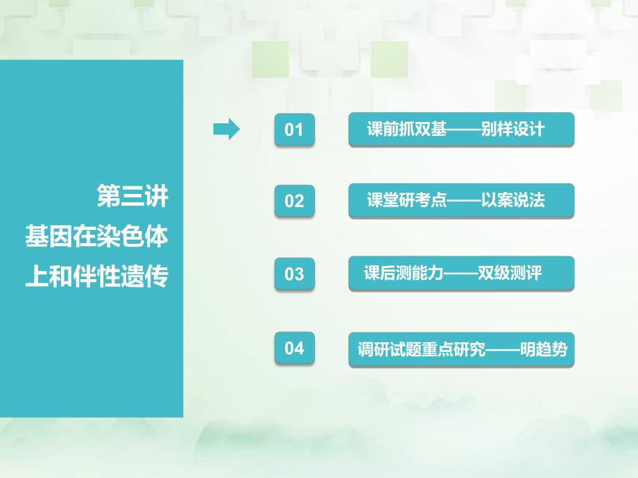 生物第二部分 遺傳與進(jìn)化 第一單元 遺傳的基本規(guī)律與伴性遺傳 第三講 基因在染色體上和伴性遺傳_第1頁