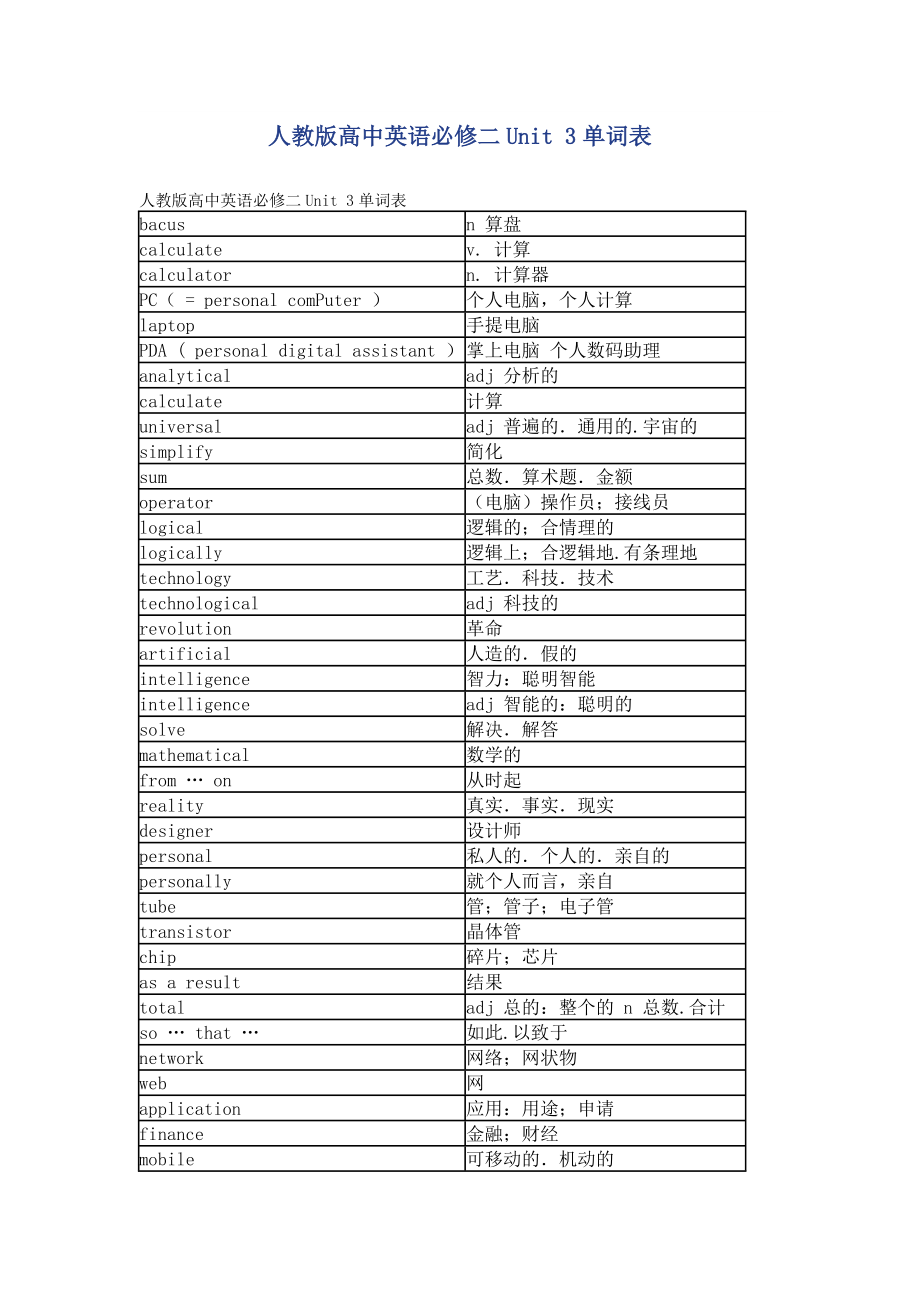 人教版高中英语必修二Unit3单词表_第1页