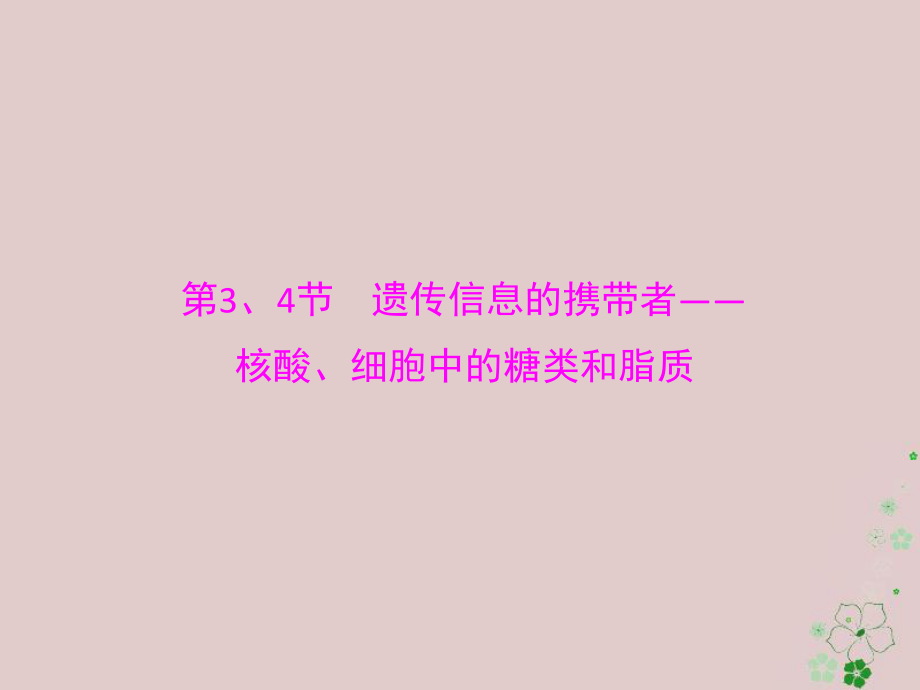 生物第2章 組成細胞的分子 第3、4節(jié) 遺傳信息的攜帶者——核酸、細胞中的糖類和脂質(zhì) 必修1_第1頁